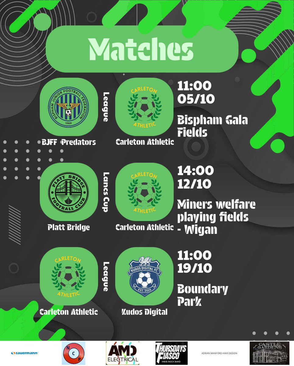 3 games to come in October.

Starting on Sunday as we face BJFF Preds in the league

We follow that with a tough test in Wigan as we take on Platt Bridge in the Lancashire cup.

The final game of the month, another tough one, as we return to league action to take on Kudos Digita