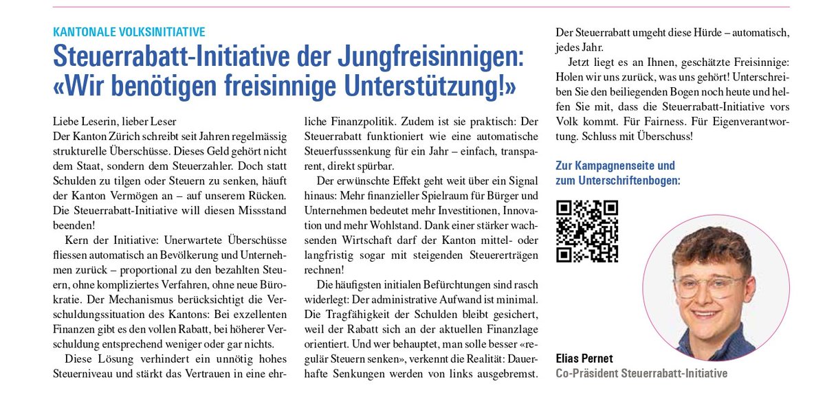 fdp_zh's tweet photo. In diesem Beitrag des Zürcher Freisinns erklärt Elias Pernet, Co-Präsident der #Steuerrabatt-Initiative, weshalb es entscheidend ist, die Initiative mit deiner Unterschrift zu unterstützen.
🦊Alle Infos und den Bogen findest du auf https://t.co/lNOVchWZNA https://t.co/DANxdwKx8k