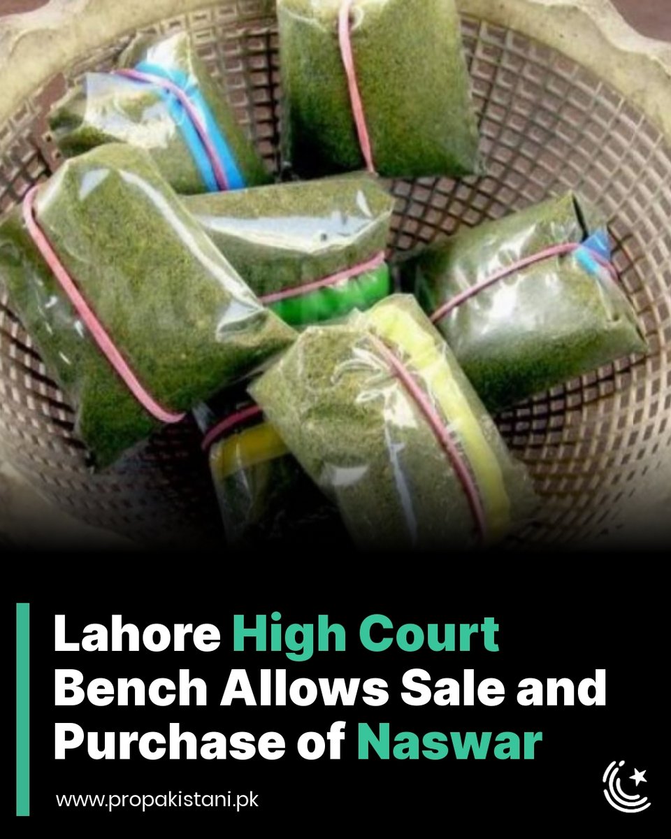 ProPakistaniPK's tweet photo. The Lahore High Court’s Multan bench on Thursday removed the ban on the manufacturing, sale, and purchase of Naswar, declaring it legal once again.
Read More: https://t.co/LLQtUJYaIY
#Naswar #LHC #Lahore https://t.co/fupoLflpYL