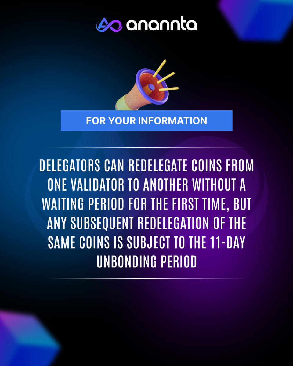 ananntaofficial's tweet photo. Your first redelegation is a free pass.   

After that, your coins need an 11-day "unbonding" vacation before they can move again.  

#Anannta #Mrmint #Blockchain #Delegators https://t.co/QgdSqvyKzI