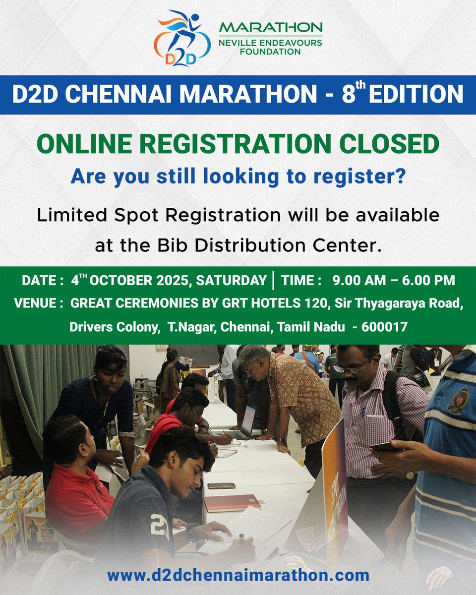 d2dchennai's tweet photo. 🚨 D2D Chennai Marathon – 8th Edition Update 🚨

🎉 Online registrations are now closed!

Missed registering? Don’t worry – we’ve got you covered. 🙌

A limited number of spot registrations will be available at the BIB Distribution Center:

#d2dmarathon #chennaimarathon https://t.co/6YAbWpCG6O