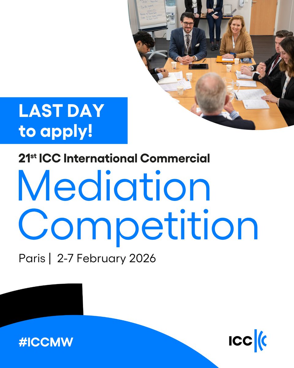 🚨 FINAL CALL

Today is your last opportunity to submit your application for the 21st ICC International Commercial Mediation Competition: 2go.iccwbo.org/icc-internatio… 🔗

🌐 Don’t miss your chance to collaborate with students and professionals from around the globe!