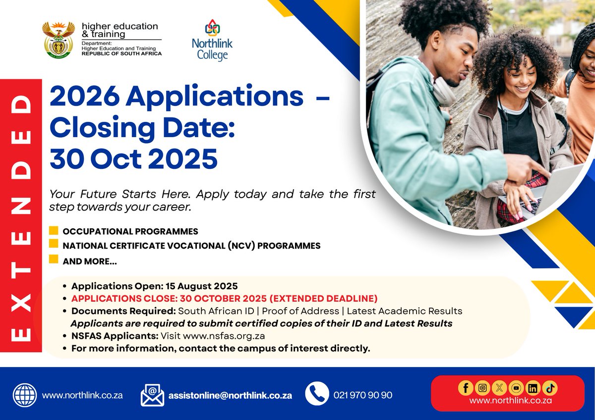 2026 Applications for our selected campuses are open! Closing date extended to 30 October 2025 – don’t miss out on your future.
Applicants are reminded to submit certified copies of their ID and latest results.
NSFAS applicants must visit the NSFAS website to apply.
Good to Great