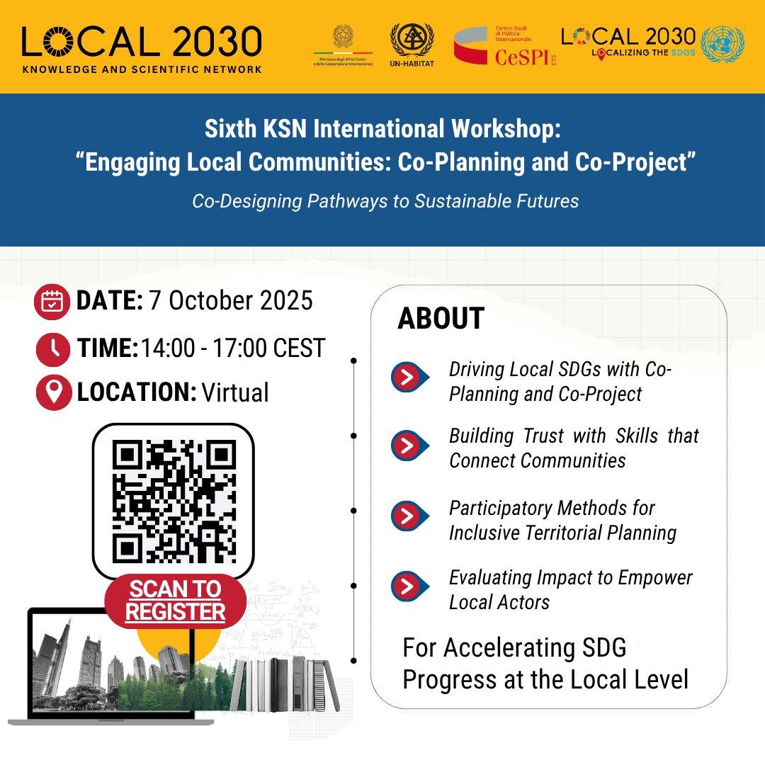 SDGLocalization's tweet image. Participatory and inclusive development is the cornerstone of achieving the SDGs at the local level.

The @Local2030 Knowledge and Scientific Network will host a workshop next week on Engaging Local Communities: Co-Planning and Co-Project.

Join us for an international workshop…