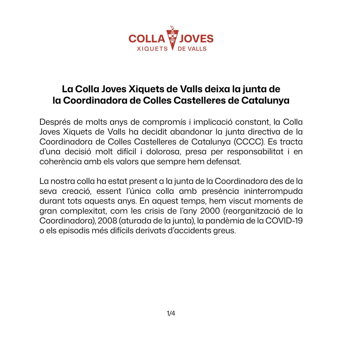 JovesValls's tweet photo. La Colla Joves Xiquets de Valls hem decidit deixar la junta de la Coordinadora de Colles Castelleres de Catalunya. 

Us n’expliquem els motius en aquest comunicat. 

https://t.co/wslm11yRBy 

#castells https://t.co/EoqD9VN5kD
