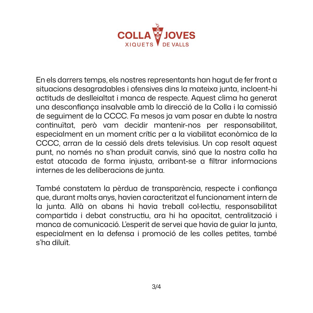 JovesValls's tweet photo. La Colla Joves Xiquets de Valls hem decidit deixar la junta de la Coordinadora de Colles Castelleres de Catalunya. 

Us n’expliquem els motius en aquest comunicat. 

https://t.co/wslm11yRBy 

#castells https://t.co/EoqD9VN5kD