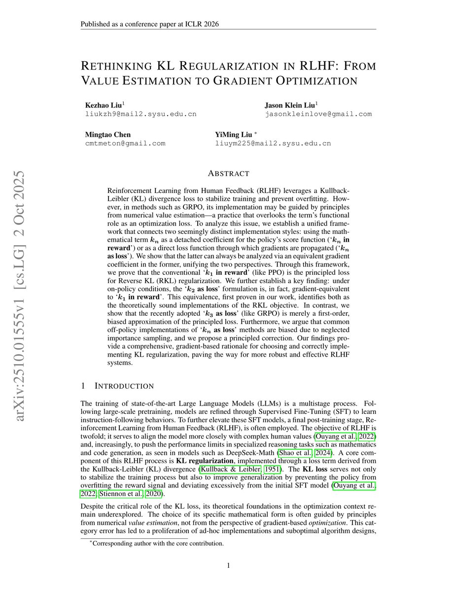 rosinality's tweet image. Analysis of KL estimator k1, k2, k3 and their use as a reward or as a loss. Partially this is a continuation of previous discussions on it x.com/QuanquanGu/sta….
By the way RLHF is a bit misleading; they did RLVR.