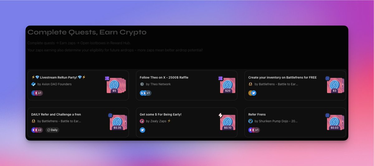 guaranteed rewards section on 🔥 

<a href="/axion_network/">Axion DAO</a> with an $800 raffle + more
<a href="/Theo_Network/">Theo</a> with $2500 raffle 
<a href="/BattleFrens/">BattleFrens</a> with daily rewards for everyone to claim  
<a href="/Shurikendotfun/">Shuriken.fun</a> with rewards for referrals 

more to come 👀👀