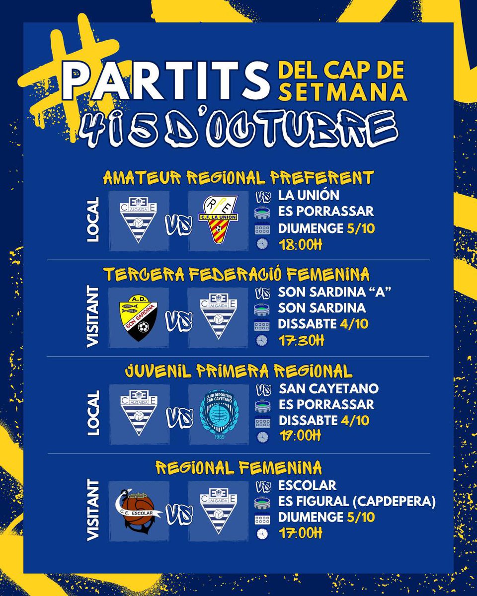 Partits en competició oficial del Club Esportiu Algaida d’aquest cap de setmana 🔵⚪️💪💪