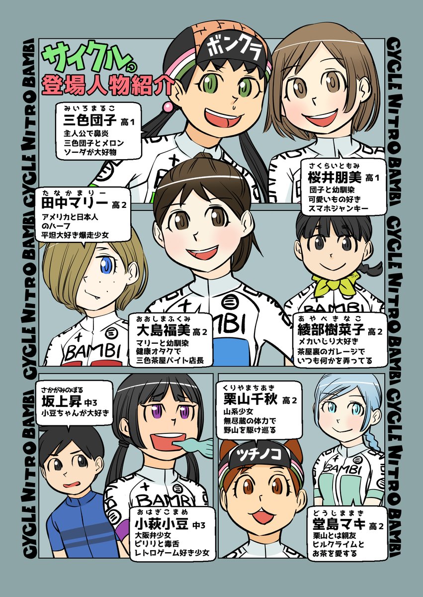 【サイクル。】登場人物紹介  

福美さんのツノみたいに見えてたの修正しました
【爽快ロードバイク漫画サイクル。】 
