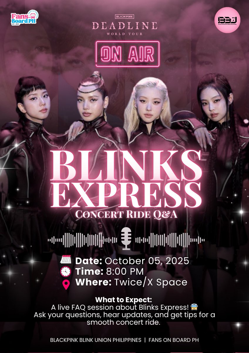 #BLINKSEXPRESS 𝗦𝗣𝗔𝗖𝗘 | Hosted by <a href="/BBU_Philippines/">BLACKPINK BLINK UNION PHILIPPINES</a>  with <a href="/FansOnBoard_PH/">FansOnBoard PH</a> 

🗓️ Oct 05 (SUN) 

We’re hosting a discussion + Q&amp;A about the #BLACKPINK Fully-Wrapped Bus Shuttle Service See you!🚌✨

More slots left for #BLINKSEXPRESS!

📌 Register here: bit.ly/BLINKSEXPRESS