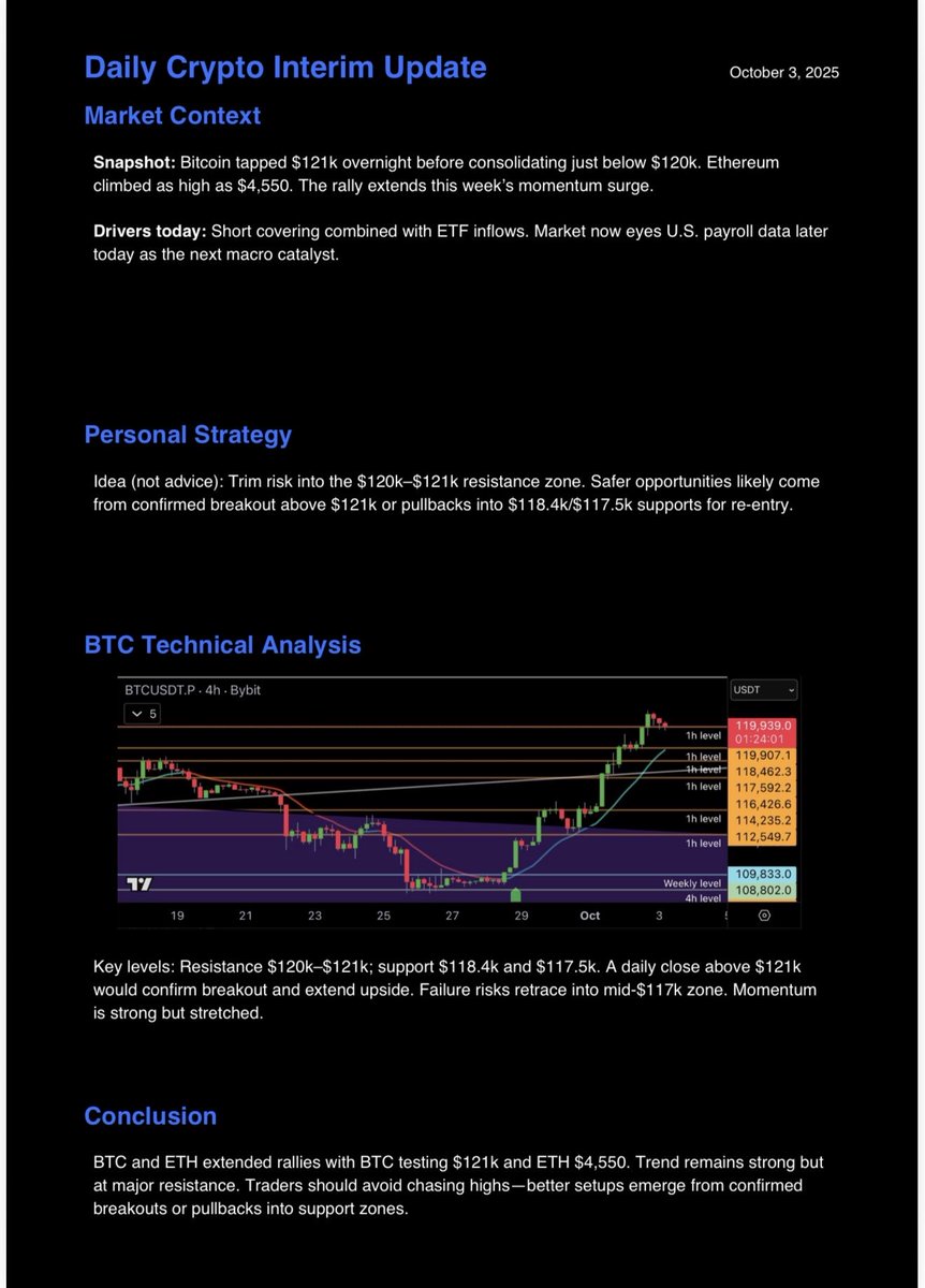 donsparconft's tweet image. BTC taps $121k, ETH hits $4,550 as momentum extends.  
Levels: resistance $120k–$121k, 
support $118.4k/$117.5k.  
Focus: daily close above $121k needed to confirm breakout.