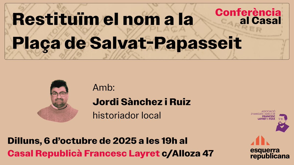 ERCPorta's tweet photo. Aquest dilluns parlarem de l’Iniciativa ciutadana per a portar el canvi de nom de la Plaça Virrei Amat al Plenari de #NouBarris amb JORDI SÁNCHEZ RUIZ

Conferència: Restituïm el nom la Plaça de Salvat-Papasseit
📆 6 d’octubre
⏰ 19h
📍Casal Republicà Francesc Layret. Alloza 47 https://t.co/TnWtQj935H