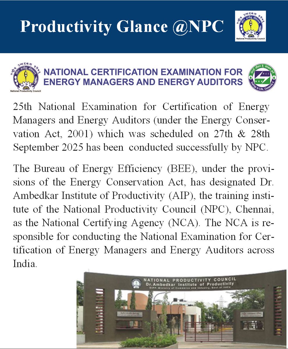 NPC_INDIA_GOV's tweet image. BUREAU OF ENERGY EFFICIENCY (BEE) (A Statutory body under the Ministry of Power, Government of India)
National Certifying Agency Dr. Ambedkar Institute of Productivity NATIONAL PRODUCTIVITY COUNCIL, Department for Promotion of Industry &amp;amp; Internal Trade (DPIIT)