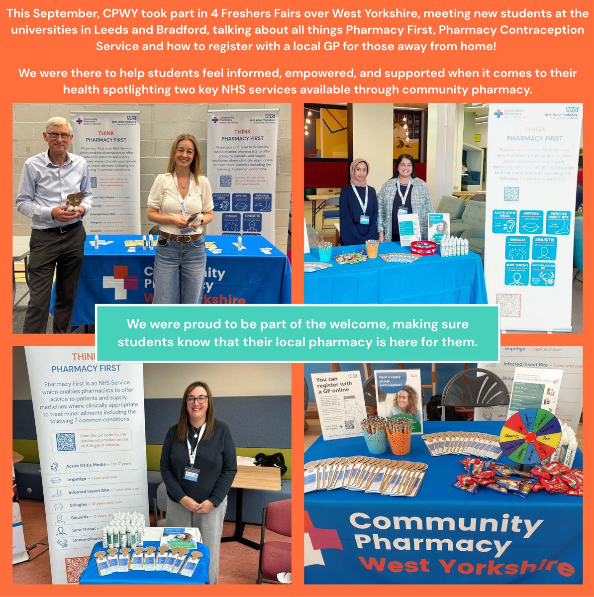 🎓 Last month, CPWY joined 4 Freshers Fairs across West Yorkshire to spotlight community pharmacy! 💊 

Great energy, great conversations about Pharmacy First &amp; the Pharmacy Contraception Service and a chance to remind students that their local pharmacy is there for them 👏