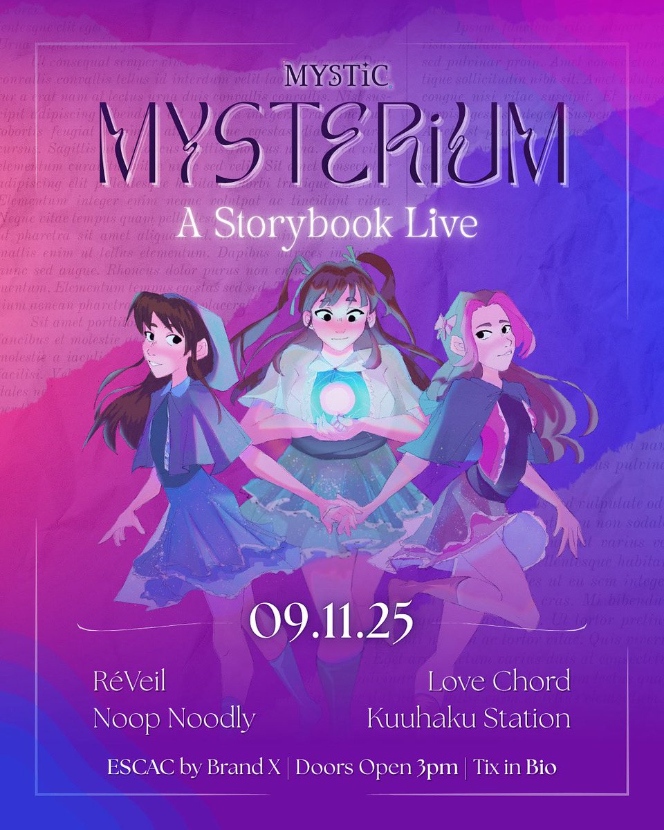 MYSTERiUM: A Storybook Live
09.11.25

ESCAC by Brand X
Tickets at mysticinfoau.square.site 
Early Bird ends 19th October