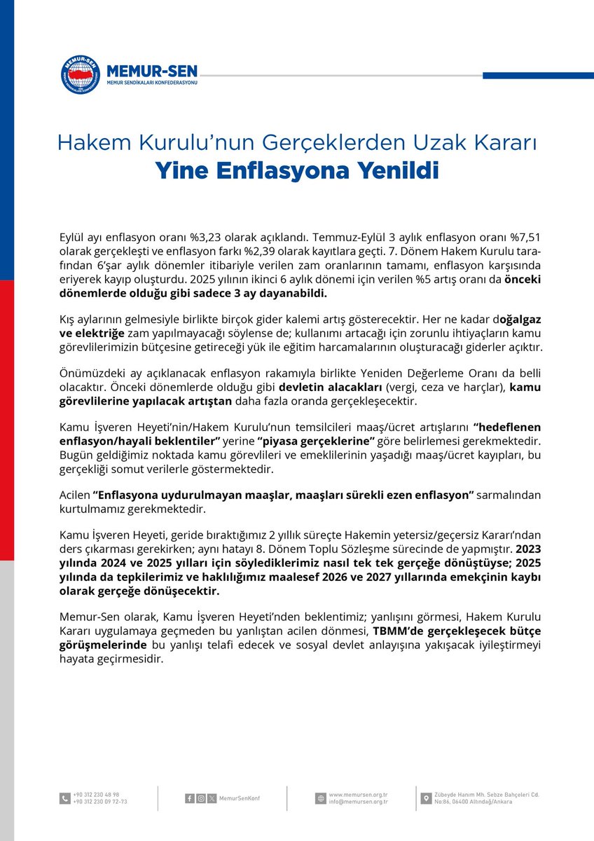 A document header with the Memur-Sen logo at the top left, featuring a circular design. The text "Hakem Kurulu’nun Gerçeklerden Uzak Kararı Yine Enflasyona Yenildi" is prominently displayed in bold, followed by additional text in smaller font discussing inflation rates and public sector wages.