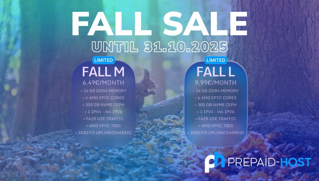 🍂 Fall Sale 2025 is here! 
Limited AMD EPYC VPS in Frankfurt – starting at €6.49/mo.
✔ High-Performance AMD EPYC 7003 
✔ NVMe CEPH Storage 
✔ Fair Use Traffic (~10 TB) 
✔ 2 Gbit/s Uplink (AS44486) 
✔ 100% Prepaid
⏳ Only until 31.10.2025 – or until sold out!