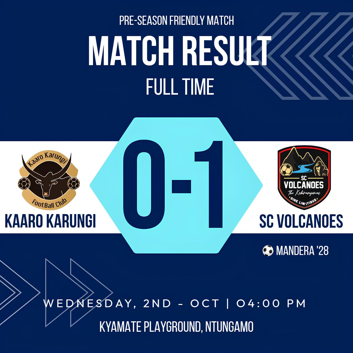 Volcanoes Erupt! 🔥🔥
​Mandera Magic at Kyamate! His 28-minute goal was the difference as SC Volcanoes defeat Kaaro Karungi 0-1 in today's friendly. Great shift from the whole squad! #SCVolcanoes #Football