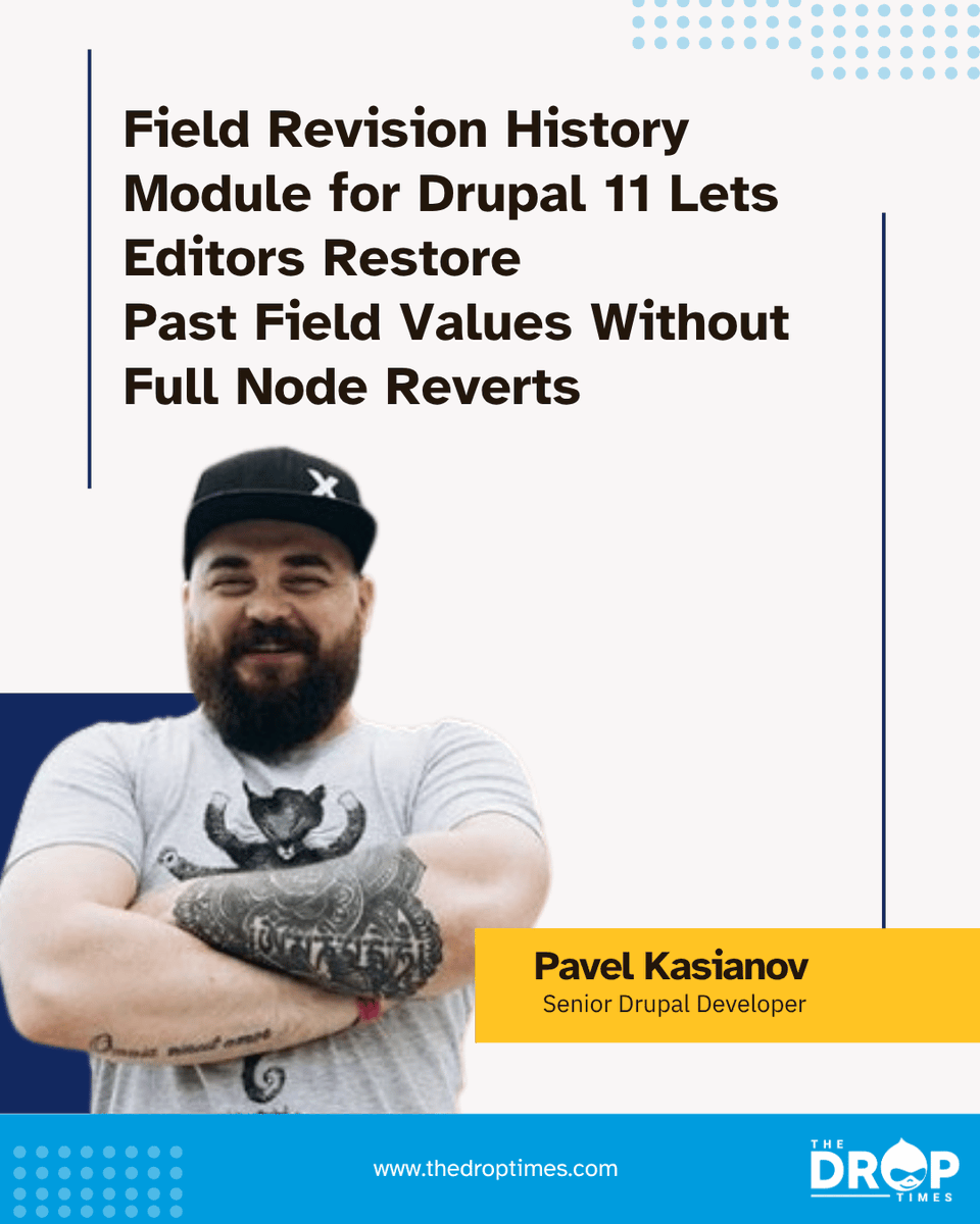 thedroptimes's tweet image. 🆕 Module release: Field Revision History for #Drupal11.
Editors can restore past field values without reverting whole nodes.
More details: bit.ly/4omsgvx
#Drupal #DrupalModules #ContentEditing