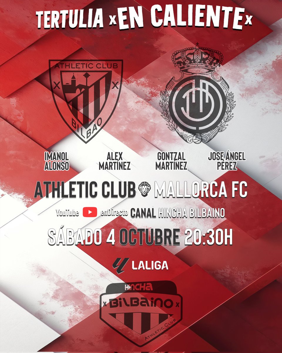 📆 Mañana, sábado 4 Oct.

Al finalizar el encuentro 
<a href="/AthleticClub/">Athletic Club</a> - RCD Mallorca

🕣 Pasadas las 20:30 h.

🇦🇹 Tertulia zurigorri #EnCaliente

💻 YouTube canal #HinchaBilbaino 

👥 Invitados: <a href="/Imanol_A13/">Imanol Alonso</a>, #AlexMartínez, <a href="/kibokosiri/">Gontzal</a> y <a href="/joanpero8/">José Ángel Pérez</a>

👉🏻 ¡Ojalá nos acompañéis!