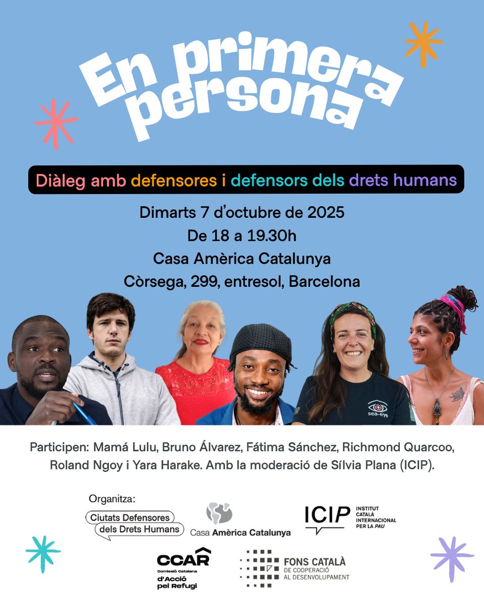 🔥Us convidem el pròxim dimarts, 7 d'octubre, a un diàleg entre les defensores i defensors dels drets humans.

📆 Us esperem a totes i tots a les 18h a la Casa Amèrica Catalunya.