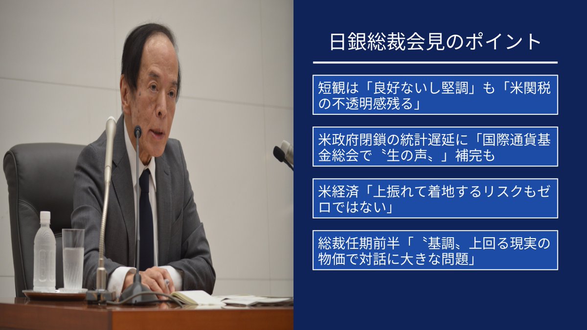植田・日銀総裁は先ほど会見し、トランプ関税の影響や米経済の見通し・リスク、米政府閉鎖による経済統計遅延への対応について言及しました。また、総裁任期 （5年）折り返しを迎えるにあたり、前半の振り返りや後半の課題にも触れました。（多田）https://t.co/11q5QEeE5m