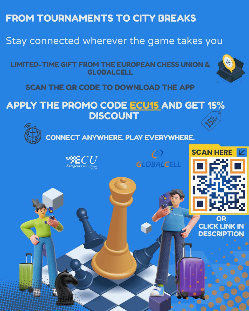 ECUonline's tweet image. ♟️ From tournaments to city breaks
Stay connected wherever the game takes you.
#batumi2025 #ETCC2025
✨ Limited-time gift from ECU &amp;amp; GLOBALCELL
📲 Download now: globalcell.app.link/ecu
💸 Apply promo code ECU15 for 15% OFF

🌍 Connect anywhere. Play everywhere. @GLOBALCELLMOBI
