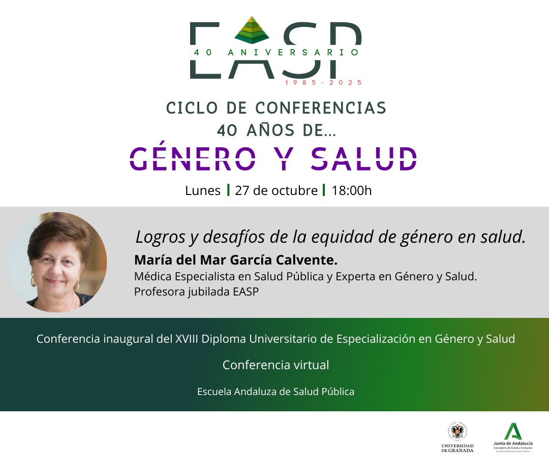 EASPsalud's tweet photo. #40EASP 🎂
40 años de ... GÉNERO Y SALUD
"Logros y desafíos de la equidad de género en salud.”
- Mª del Mar García. Médica especialista en Salud Pública y Experta en Género y Salud. Profesora jubilada EASP.
ℹ️ https://t.co/kMQmKY83ot
🗓️ 27 octubre - 🕙 18:00h - VIRTUAL https://t.co/2UkC3uVWi4