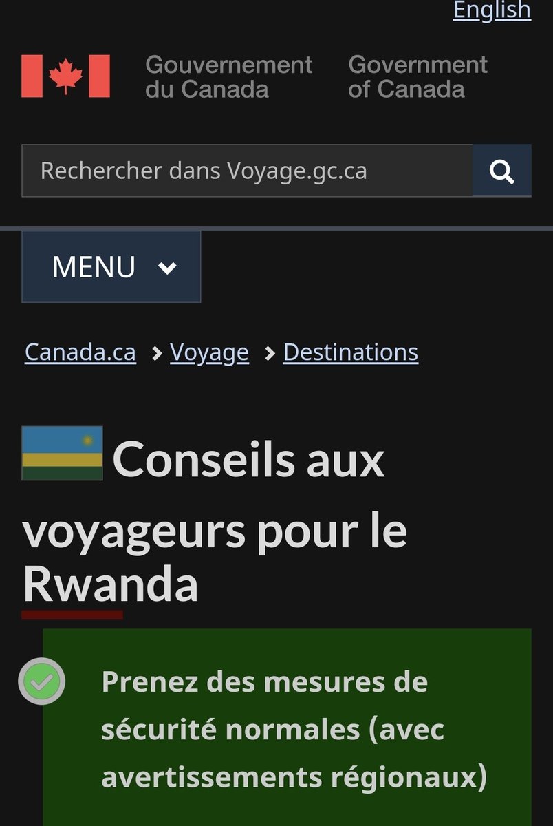 Les Warnings/Avertissements du #Canada 🇨🇦 aux voyageurs qui se rendent au #Rwanda 🇷🇼.
Le Rwanda devient de plus en plus dangereux ⚠️ pour les voyageurs et touristes !!
L’Ironie de #Visit_Rwanda !!

voyage.gc.ca/destinations/r…

📢 Conseils aux voyageurs pour le Rwanda, Niveaux de