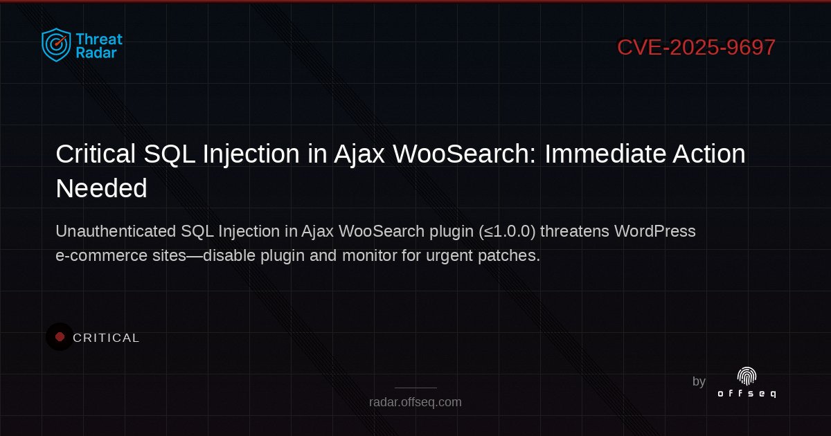 offseq's tweet image. 🚨 CRITICAL SQLi in Ajax WooSearch (≤1.0.0) lets unauthenticated attackers compromise WordPress e-commerce sites! Disable plugin &amp;amp; monitor for updates ASAP. radar.offseq.com/threat/cve-202… #OffSeq #WordPress #SQLInjection