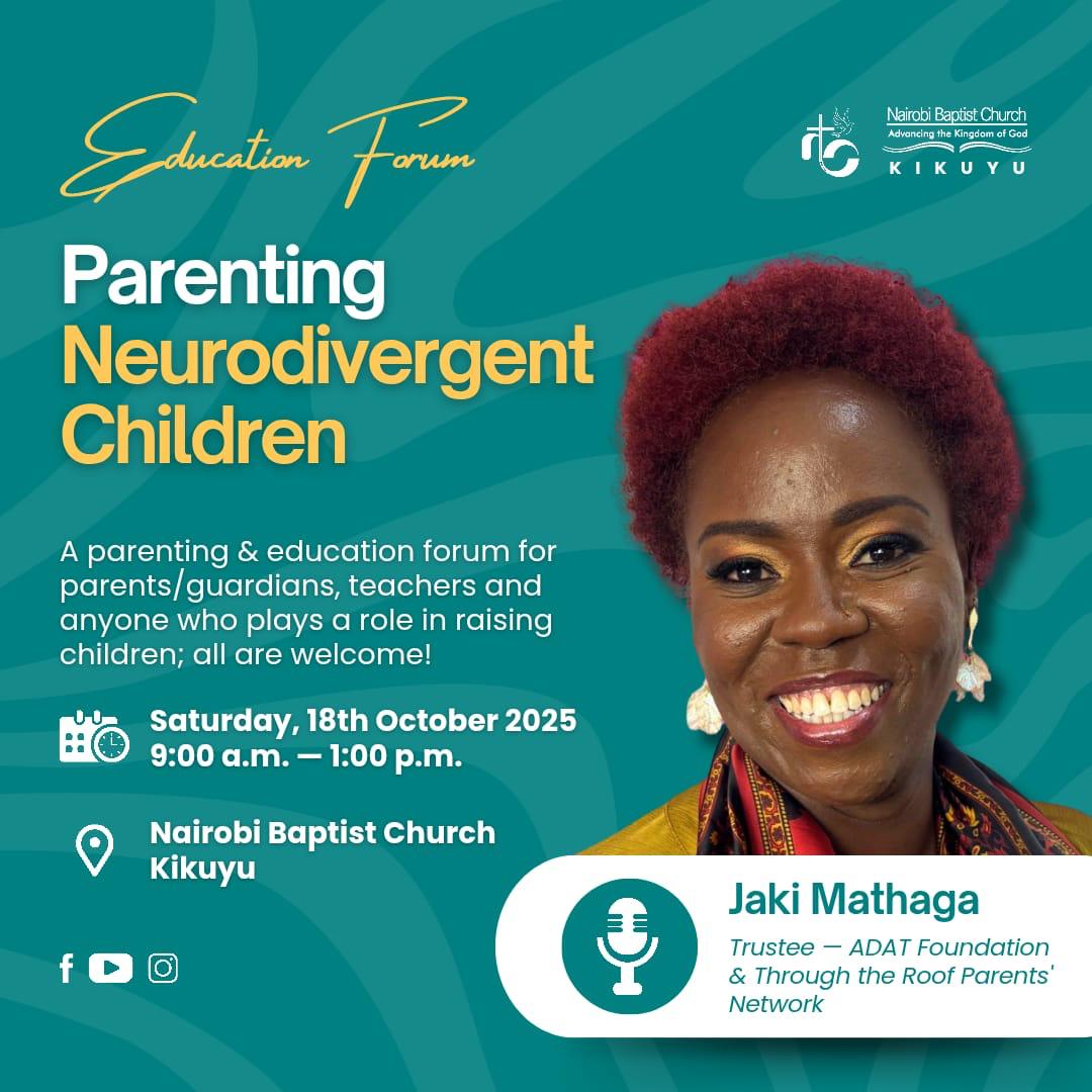 Mathugz's tweet image. 🌍💒 On Sat, Oct 18, I’ll join Nairobi Baptist Kikuyu for an Education Forum on Parenting Neurodivergent Children.
An open door for parents, teachers, pastors &amp;amp; all who believe every child should belong + thrive

📅 18 Oct | 🕘 9–1 | 📍NB Kikuyu

#InclusionMatters #Neurodiversity