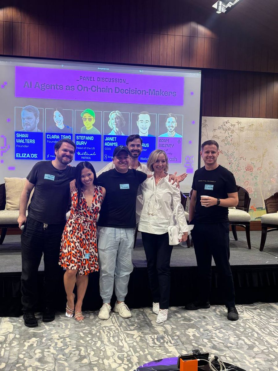 SingularityNET's tweet image. Our COO, @JanetAdamsAI, took the stage at Agents Day in Singapore to discuss the evolving role of AI agents as on-chain decision-makers, joining industry experts Clara Tsao from Filecoin Foundation, Shaw Walters from Eliza Labs, Stefano Bury from Virtuals Protocol, Yurii Kyparus…