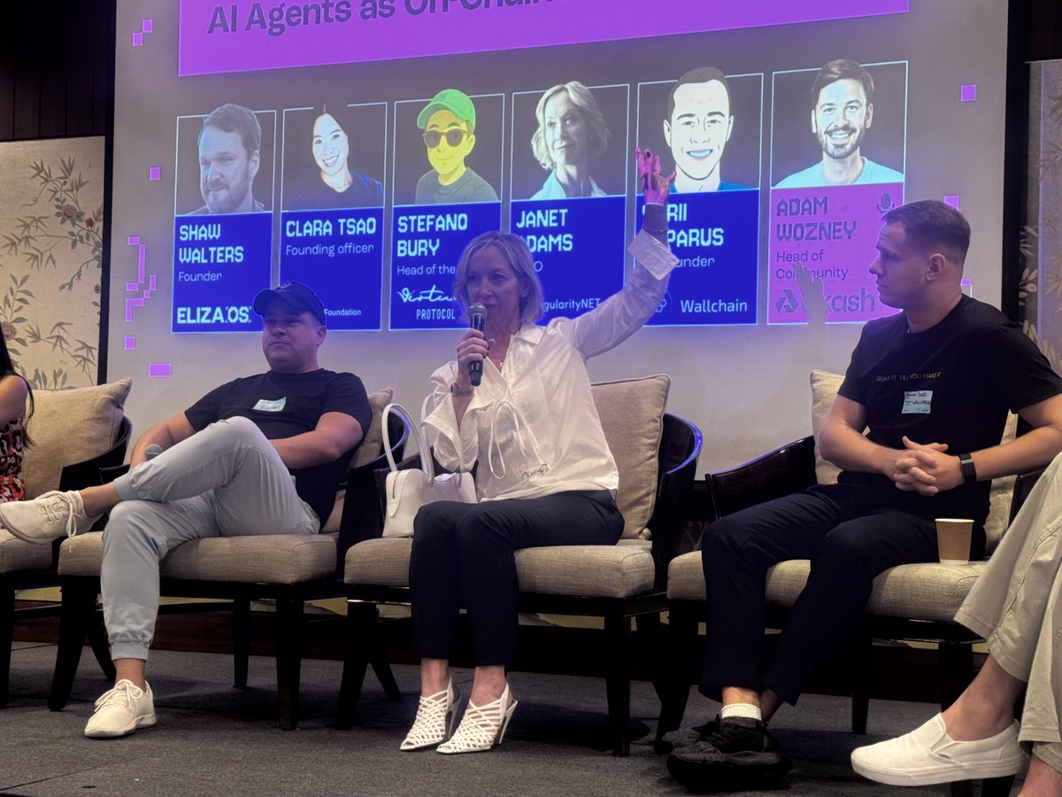 SingularityNET's tweet image. Our COO, @JanetAdamsAI, took the stage at Agents Day in Singapore to discuss the evolving role of AI agents as on-chain decision-makers, joining industry experts Clara Tsao from Filecoin Foundation, Shaw Walters from Eliza Labs, Stefano Bury from Virtuals Protocol, Yurii Kyparus…