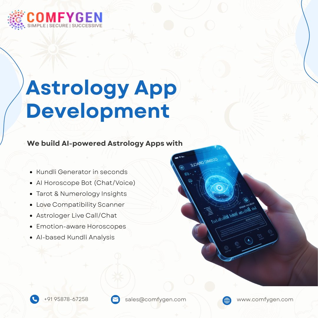 Comfygen_Tech's tweet image. 🔮✨ AI + Astrology = The Future of Predictions!
Tired of generic horoscopes that sound the same for everyone?
At Comfygen, we develop apps that blend Vedic Wisdom with Machine Intelligence 🚀
👉 DM to get started
🌐 comfygen.com/astrology-app-…
📞 095878 67258