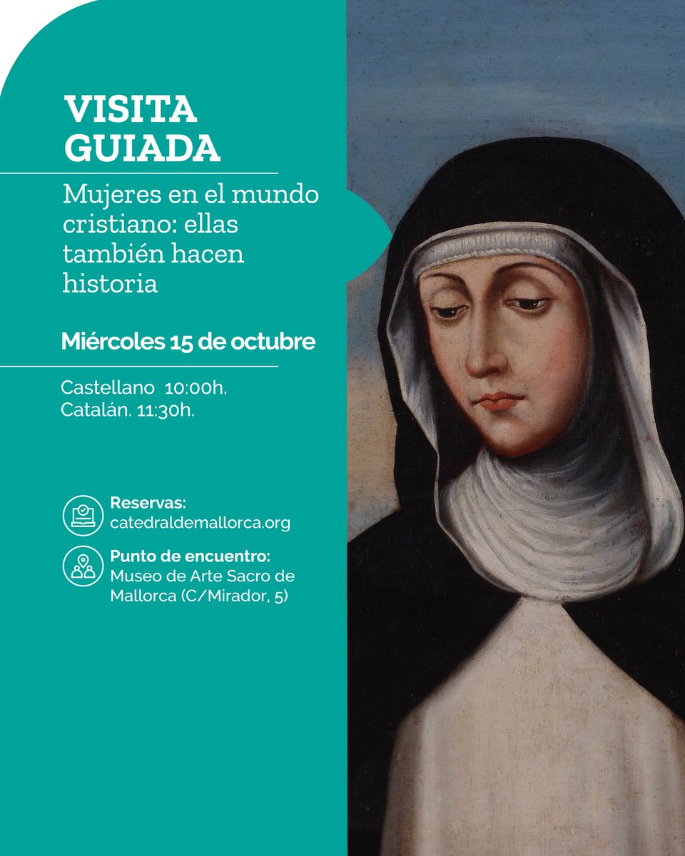 museuartsacre's tweet photo. Mujeres en el mundo cristiano: ellas también hacen historia
Con esta visita guiada a la nueva exposición temporal del MASM, conocerás las vidas de mujeres mallorquinas que, con fe, coraje y compromiso, dejaron huella en la sociedad, la educación y la vida de la isla.
¿Te apuntas? https://t.co/ORg9nY0qx7