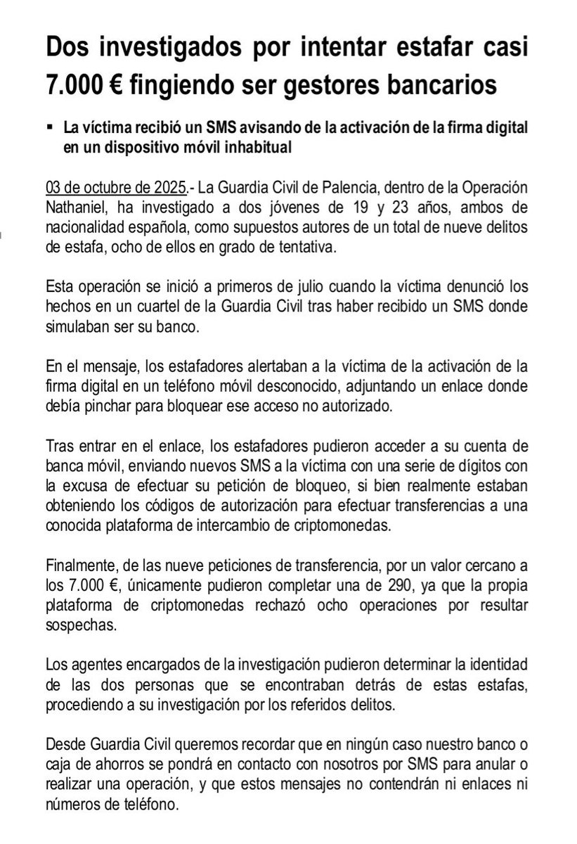 🚨 Dos investigados por intentar estafar casi 7.000 € fingiendo ser gestores bancarios

#guardiacivilpalencia 
#seguridadciudadana