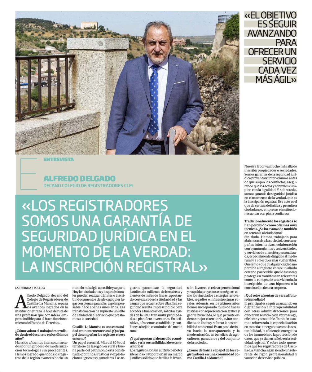 "Los registradores somos una garantía de seguridad jurídica en el momento de la verdad: la inscripción registral".

En <a href="/tribunadetoledo/">La Tribuna de Toledo</a> entrevistan hoy al decano de los registradores de Castilla - La Mancha <a href="/REGISTRADORESCM/">RegistradoresC-LM</a>, Alfredo Delgado <a href="/delgaral/">Alfredo Delgado</a>