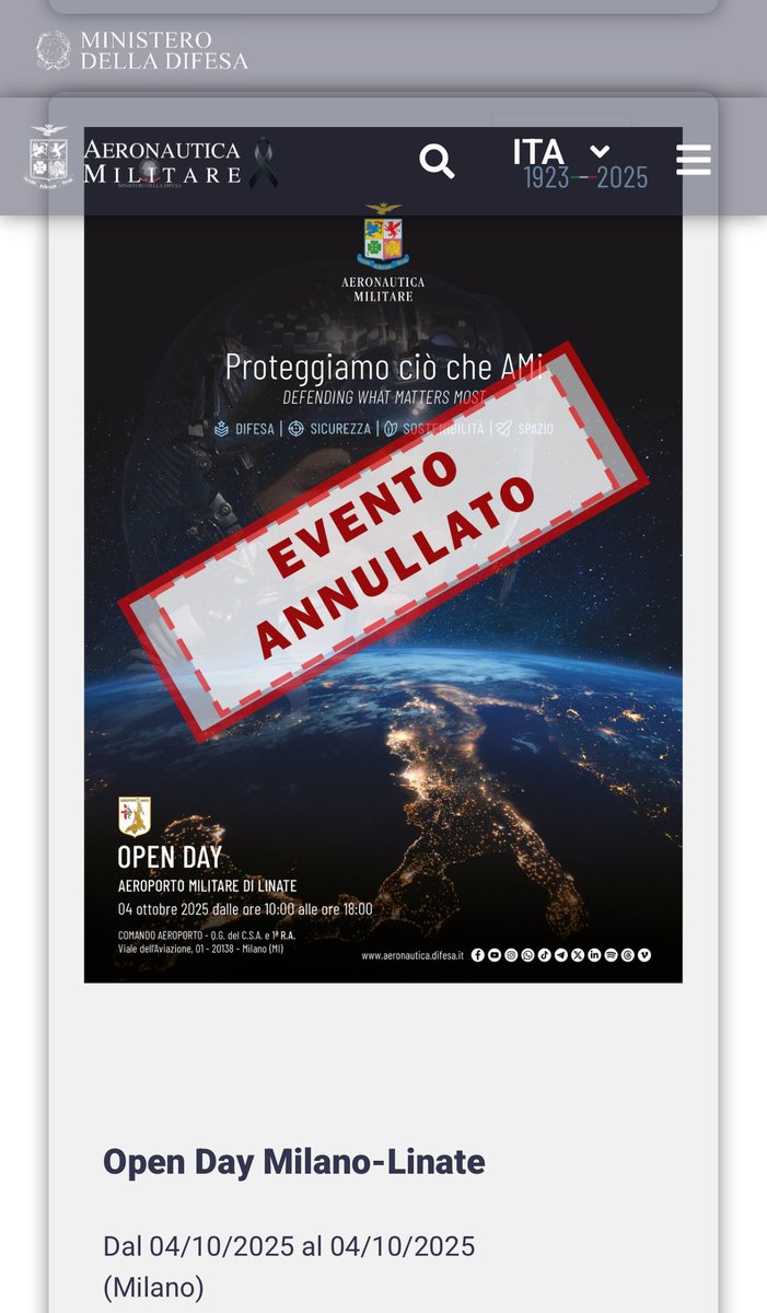 Evento annullato: Open Day Milano-Linate del 4 ottobre 2025
<a href="/ItalianAirForce/">Aeronautica Militare</a>