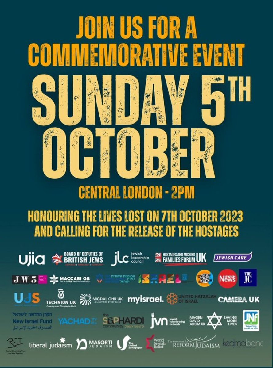 “thoughts and prayers” / “solidarity” are easy words to tweet. 

But it’s time for you to get out and join the UK Jewish Community and our allies, to mark 2 years since the Oct 7 massacre (perpetrated by savages who are glorified on UK streets).

After yesterday, we need you.