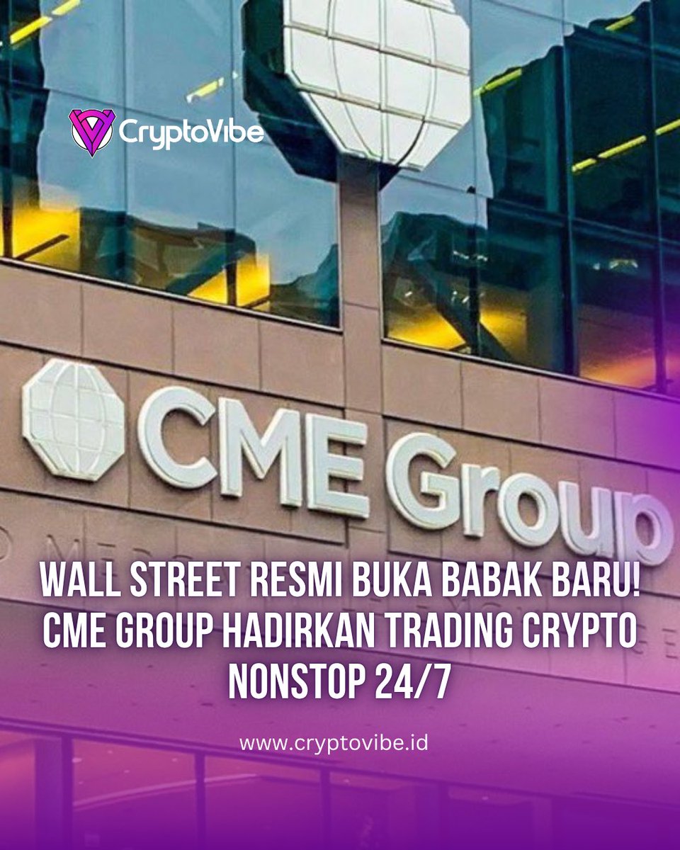 cryptovibe_id's tweet image. Era baru di Wall Street! 🌐
CME Group, bursa derivatif terbesar dunia, resmi umumkan akan meluncurkan perdagangan crypto futures &amp;amp; optionsyang bisa diakses 24 jam nonstop, 7 hari penuh.
Rencana ini bakal berjalan mulai awal 2026.
#CryptoNews #WallStreet #CMEGroup #CryptoUpdate