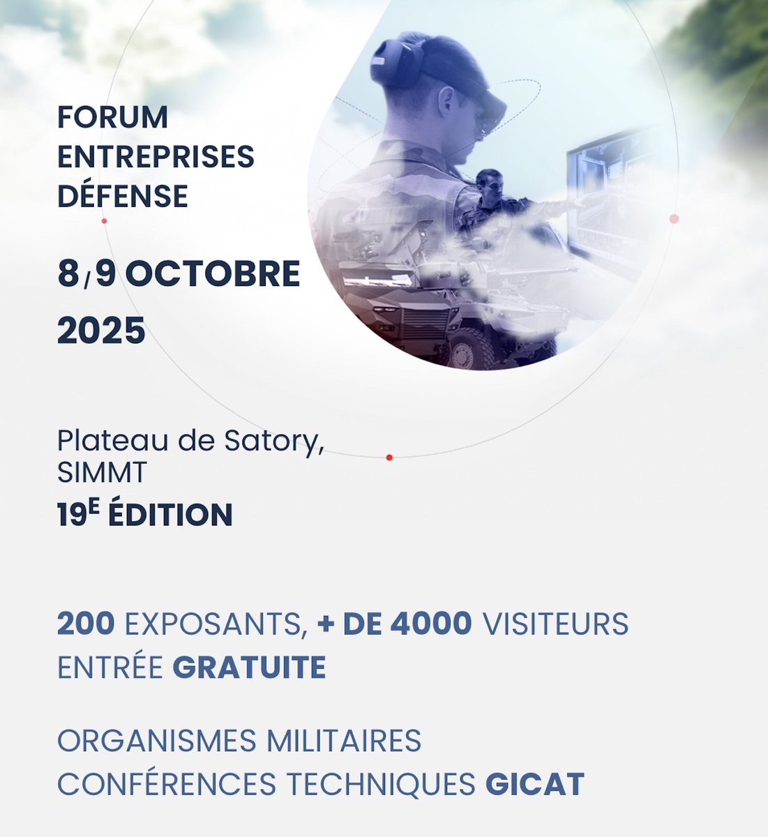 Agence_ID's tweet photo. #FED25
L’Agence participera à la 19ᵉ édition du Forum Entreprises Défense (FED), co-organisée par la @MCO_Terre, la @CCI_Paris_IdF et le @GICAT_FR.
💡 Sous le thème « Une résilience collective au service de la réussite opérationnelle », cette édition abordera les enjeux clés d’une maintenance terrestre moderne et performante, apte à relever les défis les plus exigeants.
Le projet « Nation Prod View », développé par @Nicomatic_HQ , sera présenté : une usine virtuelle en fabrication additive au service des armées et de l’industrie civile. Le Guichet Unique sera également présent.
📍 les 8 et 9 octobre, plateau de Satory
👉 Pour s'inscrire : https://t.co/mulG1U7biR