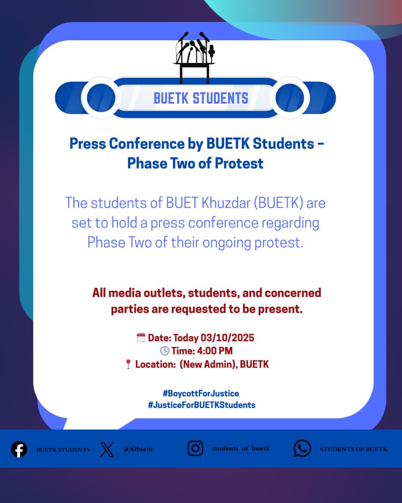 SBuetk's tweet photo. Press Conference by BUETK Students – Phase Two of Protest

The students of BUET Khuzdar (BUETK) are set to hold a press conference regarding Phase Two of their ongoing protest.

All media outlets, students, and concerned parties are requested to be present. https://t.co/BTnzt8VtZb