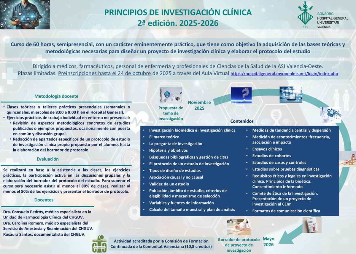HOSPITAL GENERAL (@hguvalencia) on Twitter photo 📢 2ª edición del curso “Principios de Investigación Clínica”
🗓 12 de noviembre 2025 – 30 de mayo 2026
📍 <a href="/HGUVALENCIA/">HOSPITAL GENERAL</a> + entorno online
👉 Médicos, farmacéuticos, enfermeros o profesionales de la ASI Valencia-Oeste
✍️Inscripción hasta el 24 de octubre: hospitalgeneral.myopenlms.net/login/index.php 📢 2ª edición del curso “Principios de Investigación Clínica”
🗓 12 de noviembre 2025 – 30 de mayo 2026
📍 <a href="/HGUVALENCIA/">HOSPITAL GENERAL</a> + entorno online
👉 Médicos, farmacéuticos, enfermeros o profesionales de la ASI Valencia-Oeste
✍️Inscripción hasta el 24 de octubre: hospitalgeneral.myopenlms.net/login/index.php