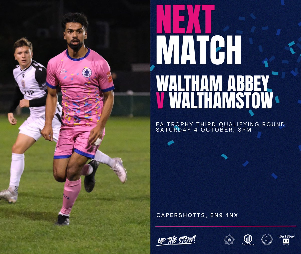 🗓 MATCHDAY MINUS ONE

Away at Abbey in the trophy 🚗

📍 Capershotts - EN9 1NX
🎟 Adults £10 / Concessions £5 / U16s £2 (CASH ONLY ON TURNSTILES)
🚉 Waltham Cross