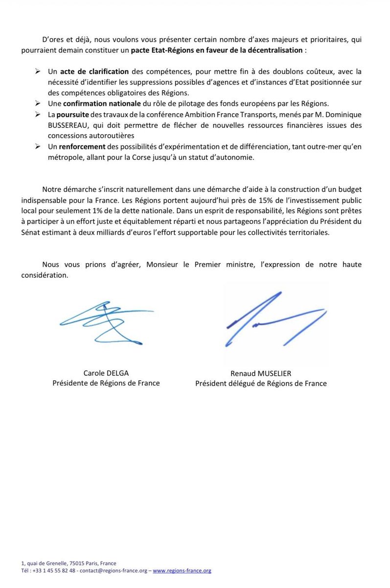 Régions de France (@regionsdefrance) on Twitter photo Une République en partage avec les territoires, <a href="/SebLecornu/">Sébastien Lecornu</a> ? Chiche !
Vous nous avez tendu la main pour un acte de décentralisation, nous vous proposons un pacte Etat-Région.
Le courrier de <a href="/CaroleDelga/">Carole Delga</a> et <a href="/RenaudMuselier/">Renaud Muselier</a> au Premier Ministre ⤵️ Une République en partage avec les territoires, <a href="/SebLecornu/">Sébastien Lecornu</a> ? Chiche !
Vous nous avez tendu la main pour un acte de décentralisation, nous vous proposons un pacte Etat-Région.
Le courrier de <a href="/CaroleDelga/">Carole Delga</a> et <a href="/RenaudMuselier/">Renaud Muselier</a> au Premier Ministre ⤵️