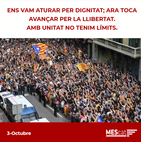 Vam paralitzar tot un país. Vam demostrar que la força d'un poble unit no té aturador. 
Ara és més necessari que mai reconstruir aquell esperit: amb unitat no tenim límits. 
El #3O ens vam aturar per dignitat; ara toca avançar per la llibertat. 
#Independència #República