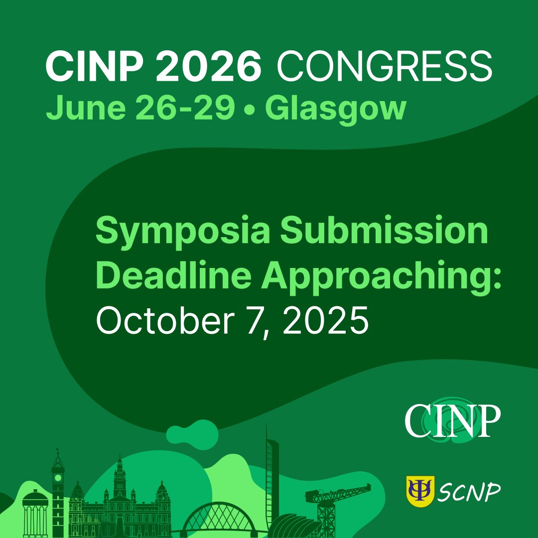 ⏳Deadline approaching!⏳
Submit your symposium proposal for CINP 2026 in Glasgow by October 7, 2025. 
Don’t miss your chance to shape the scientific programme &amp; share your work with the global community.
👉cinp2026.org/submissions/sy…

#CINP2026 #Neuropsychopharmacology #Psychiatry