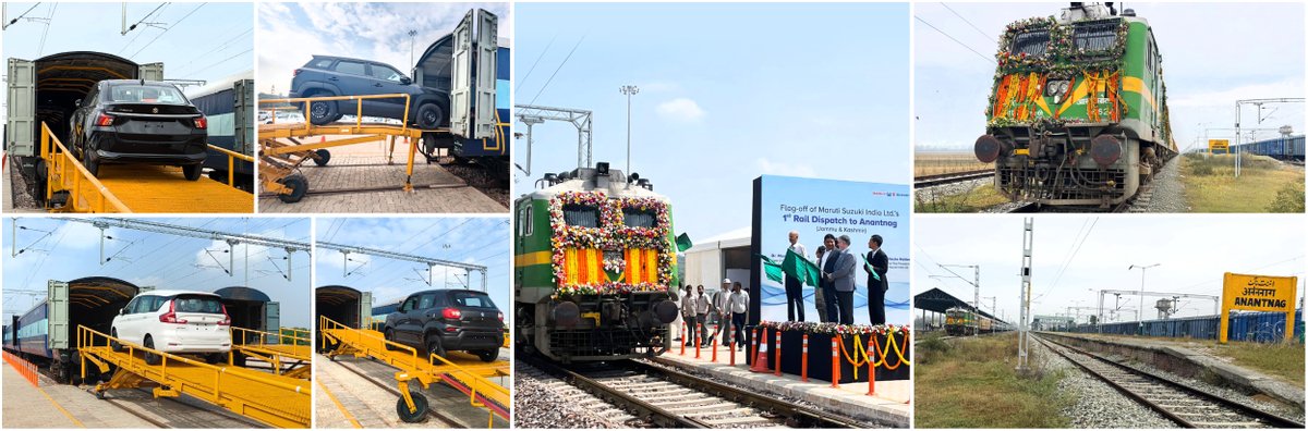 Maruti_Corp's tweet photo. #MarutiSuzuki begins a new chapter in Green Logistics! First batch of over 100 vehicles reaches Anantnag terminal in Jammu & Kashmir from the Company’s in-plant railway siding at Manesar facility, making #MarutiSuzuki the first automobile manufacturer in the country to use Indian Railways to dispatch vehicles to the region. The rake covered 850+ km, crossing the world’s highest railway arch bridge over Chenab river. 
We thank Hon’ble @PMOIndia Shri @narendramodi  for his visionary leadership and Hon’ble @RailMinIndia Shri @AshwiniVaishnaw for this transformative infrastructure project, which is bound to transform the lives and economy of the region. 

@MHI_GoI
@DoC_GoI
@RailwayNorthern
@mygovindia