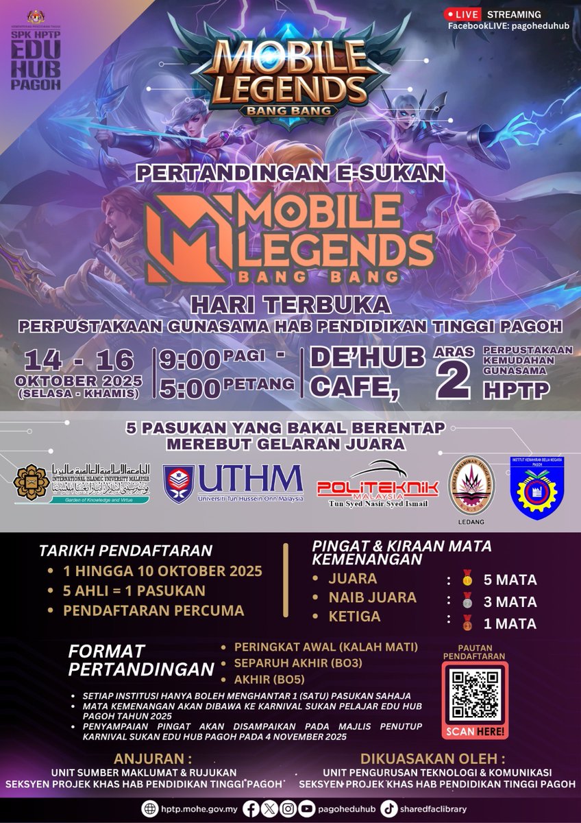 PagohEduHub's tweet photo. HARI TERBUKA PERPUSTAKAAN GUNASAMA 2025

Sempena dengan Hari Terbuka Perpustakaan Gunasama HPTP akan mengadakan Pertandingan e-Sukan Mobile Legends Bang Bang.

Klik link dibawah untuk maklumat lanjut:

https://t.co/5VT9qhgSBt https://t.co/pk4vFBhfCL